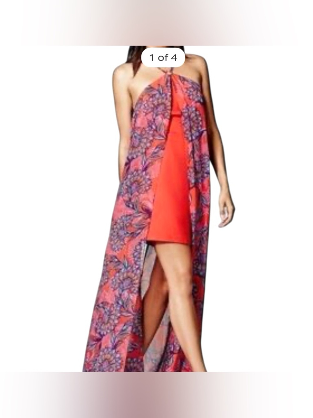 Marciano Coral Halter High-Low Dress with Floral Overlay